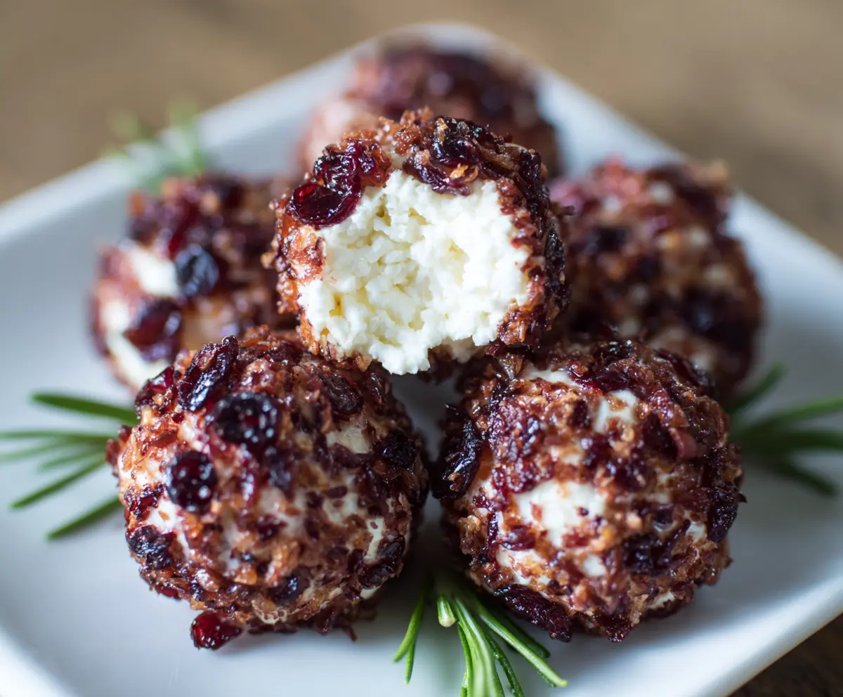 Cranberry goat cheese balls garnished with fresh herbs on a white serving plate