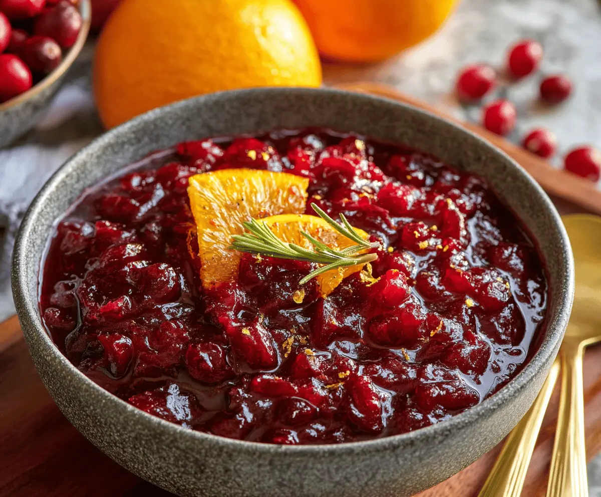 Delicious homemade cranberry orange sauce with fresh cranberries and zesty orange zest.