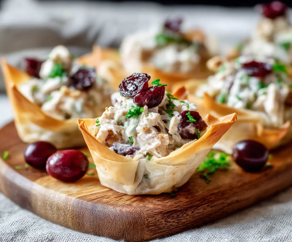 Delicious cranberry walnut chicken salad served in crispy phyllo cups with fresh herbs.