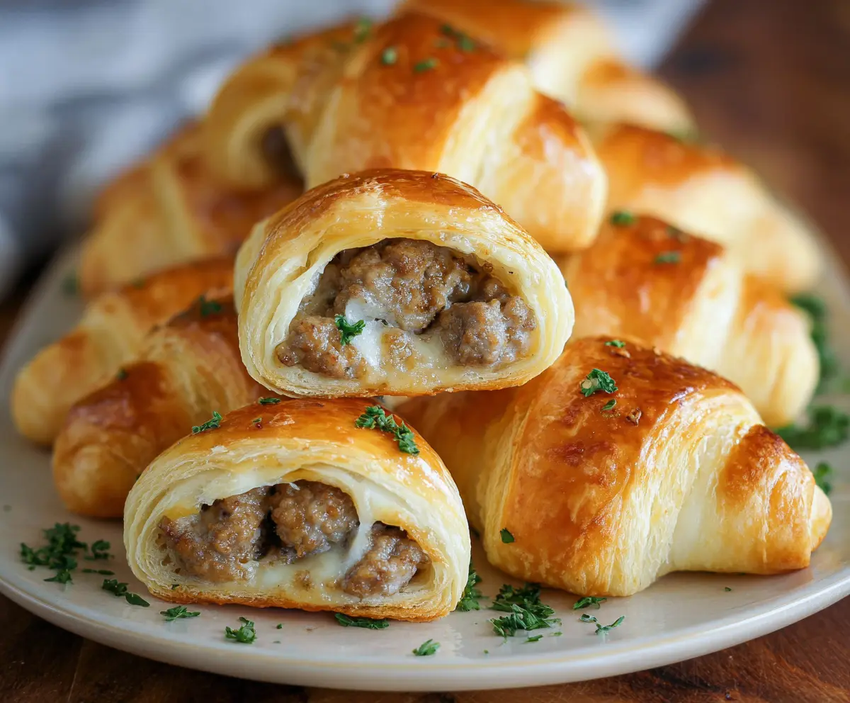 Delicious creamy sausage-stuffed crescent rolls served on a plate, perfect for breakfast or party appetizers.