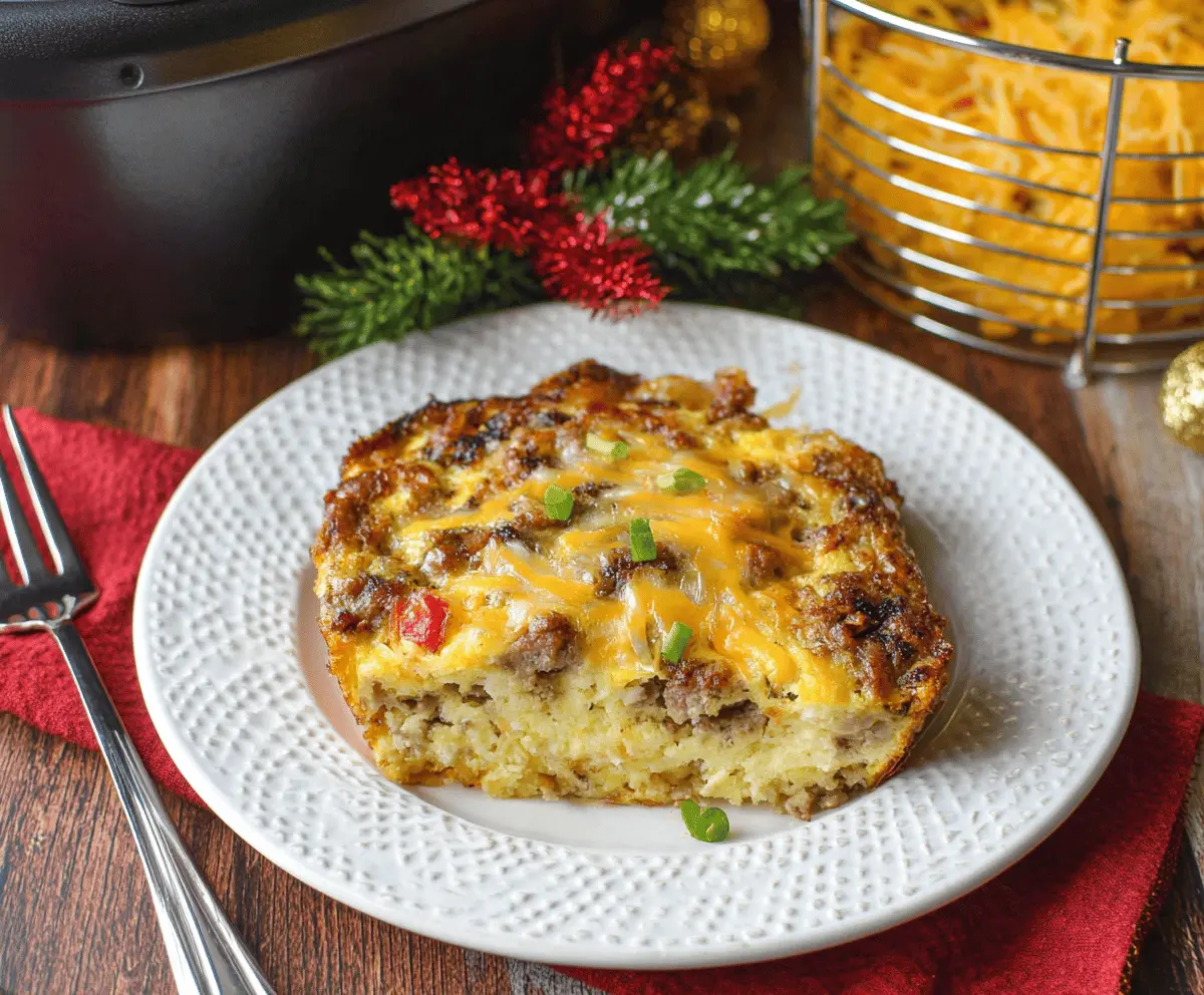 Delicious Crockpot Christmas Breakfast Casserole with eggs, cheese, and breakfast meats ready to serve.