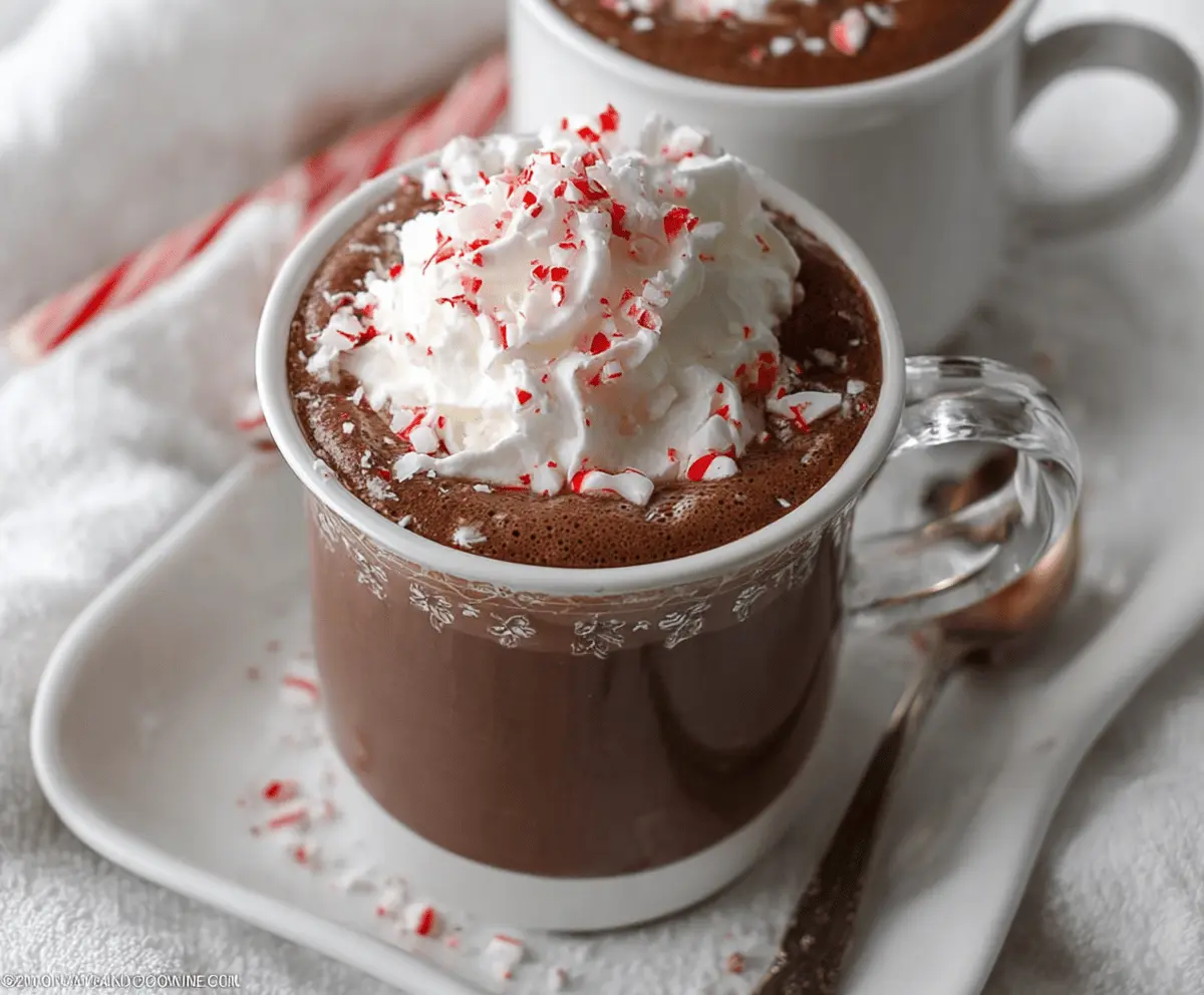 Creamy Crockpot Peppermint Hot Chocolate in a mug topped with whipped cream and peppermint candies.