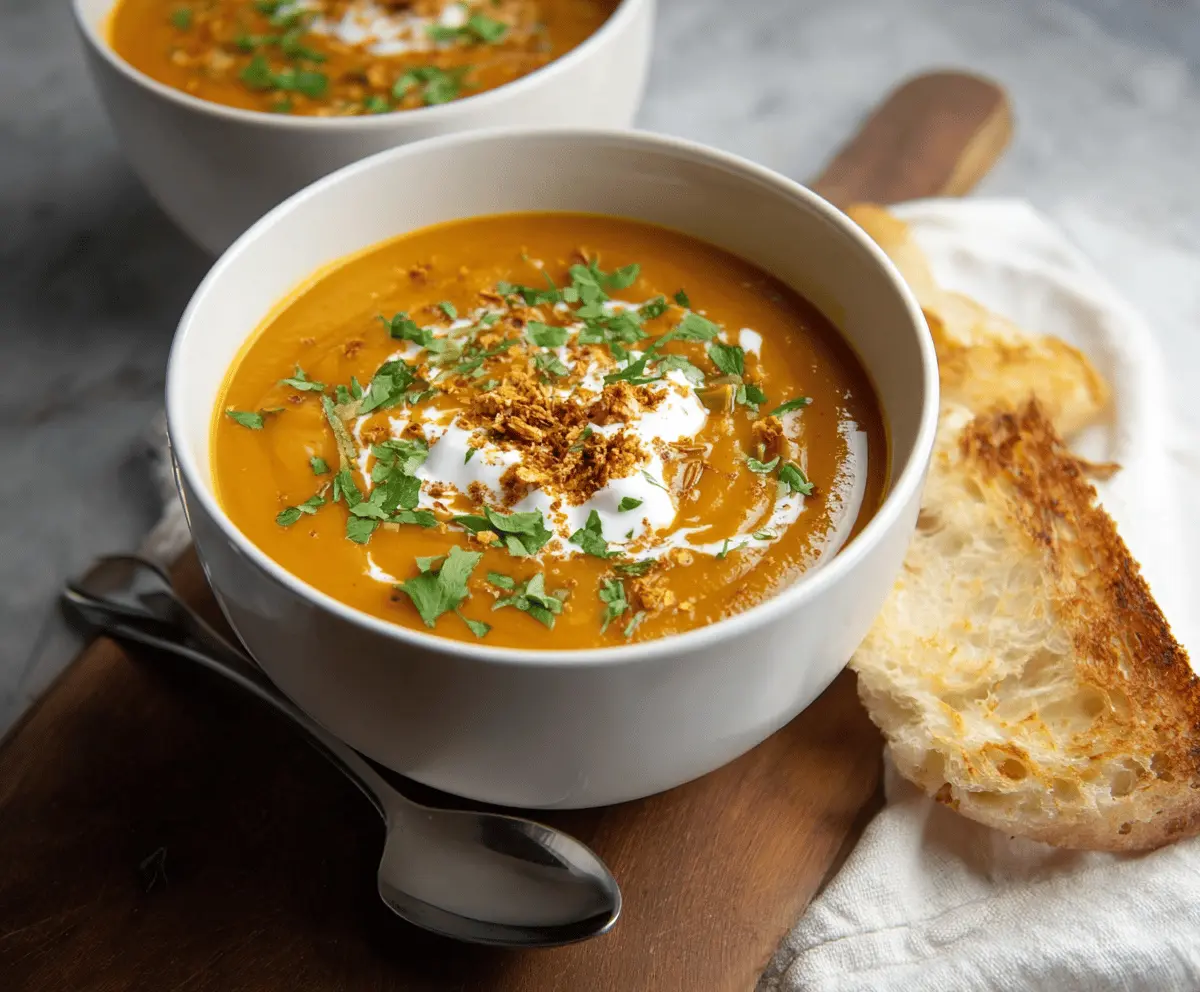 Bowl of creamy curried sweet potato soup garnished with herbs, perfect for a cozy meal.
