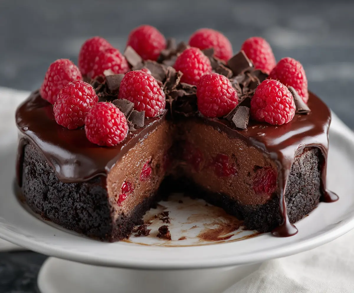 Rich dark chocolate raspberry cheesecake garnished with fresh raspberries and chocolate shavings.