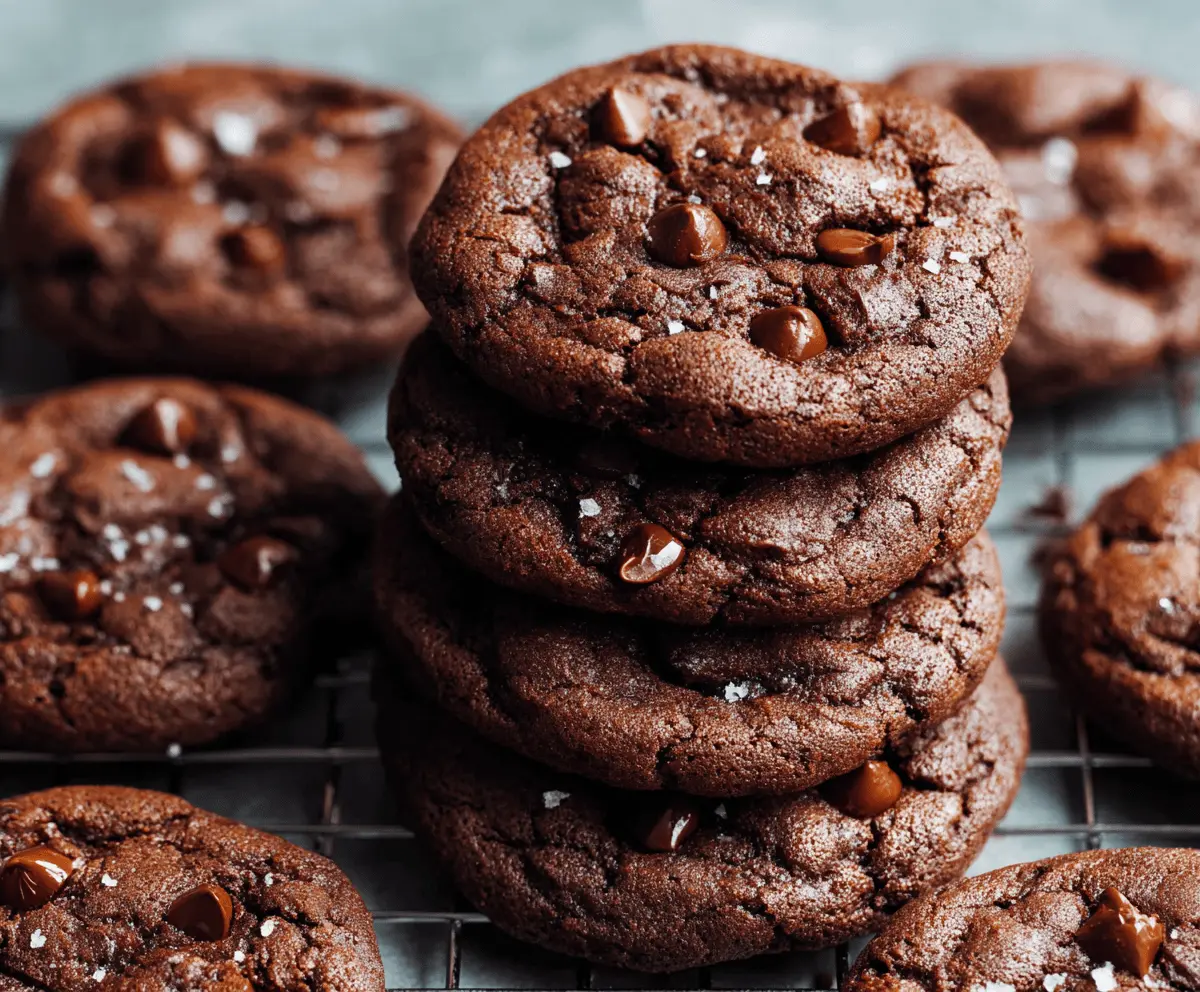 Delicious double chocolate chip cookies fresh out of the oven, featuring gooey chocolate chunks and a crispy edge.