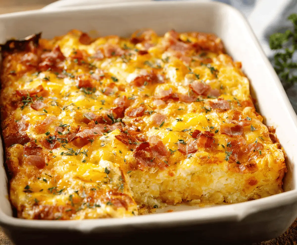 Delicious Egg and Hashbrown Casserole topped with melted cheese, perfect for brunch or breakfast.