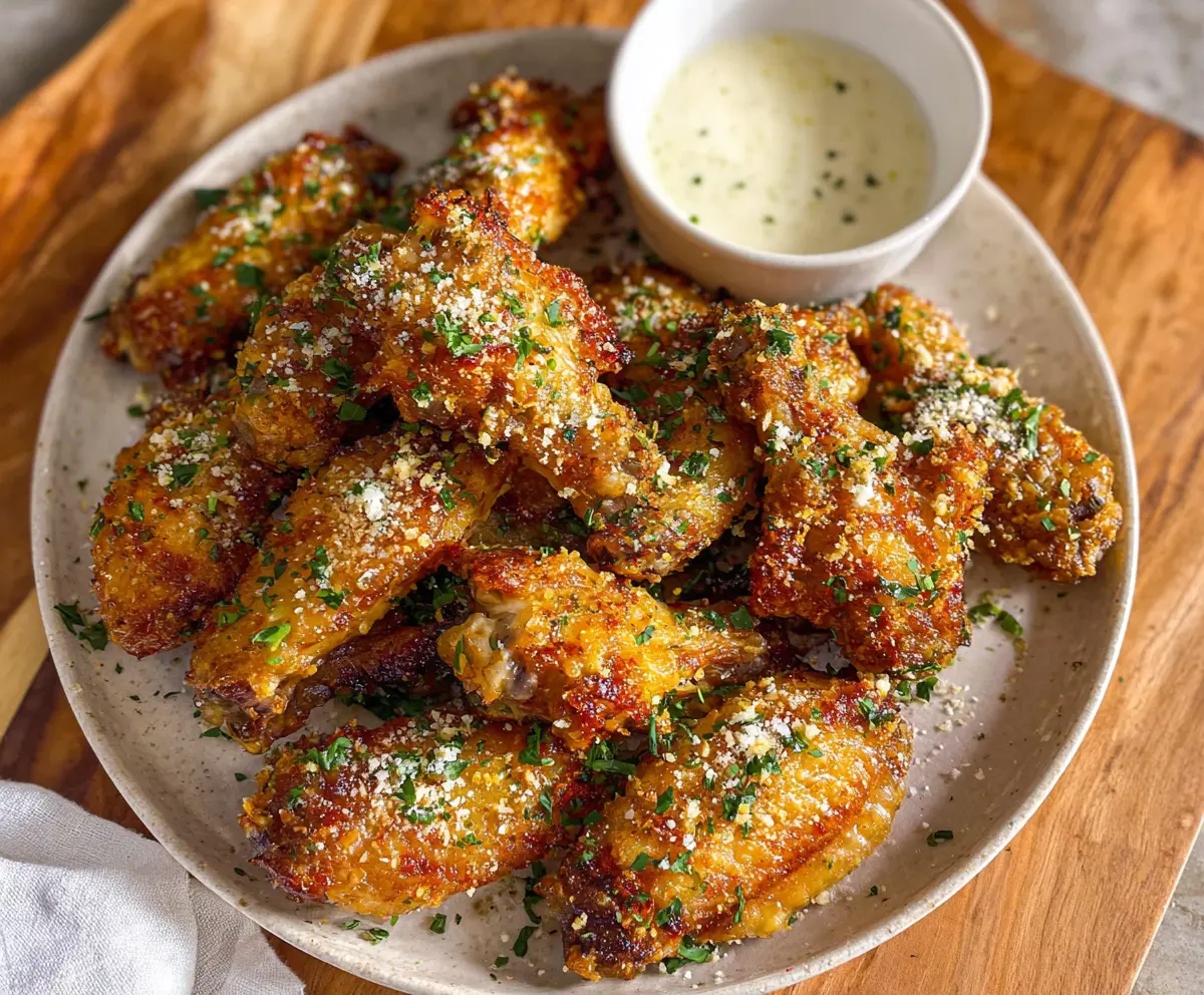 Crispy Garlic Parmesan Wings garnished with fresh herbs on a serving platter