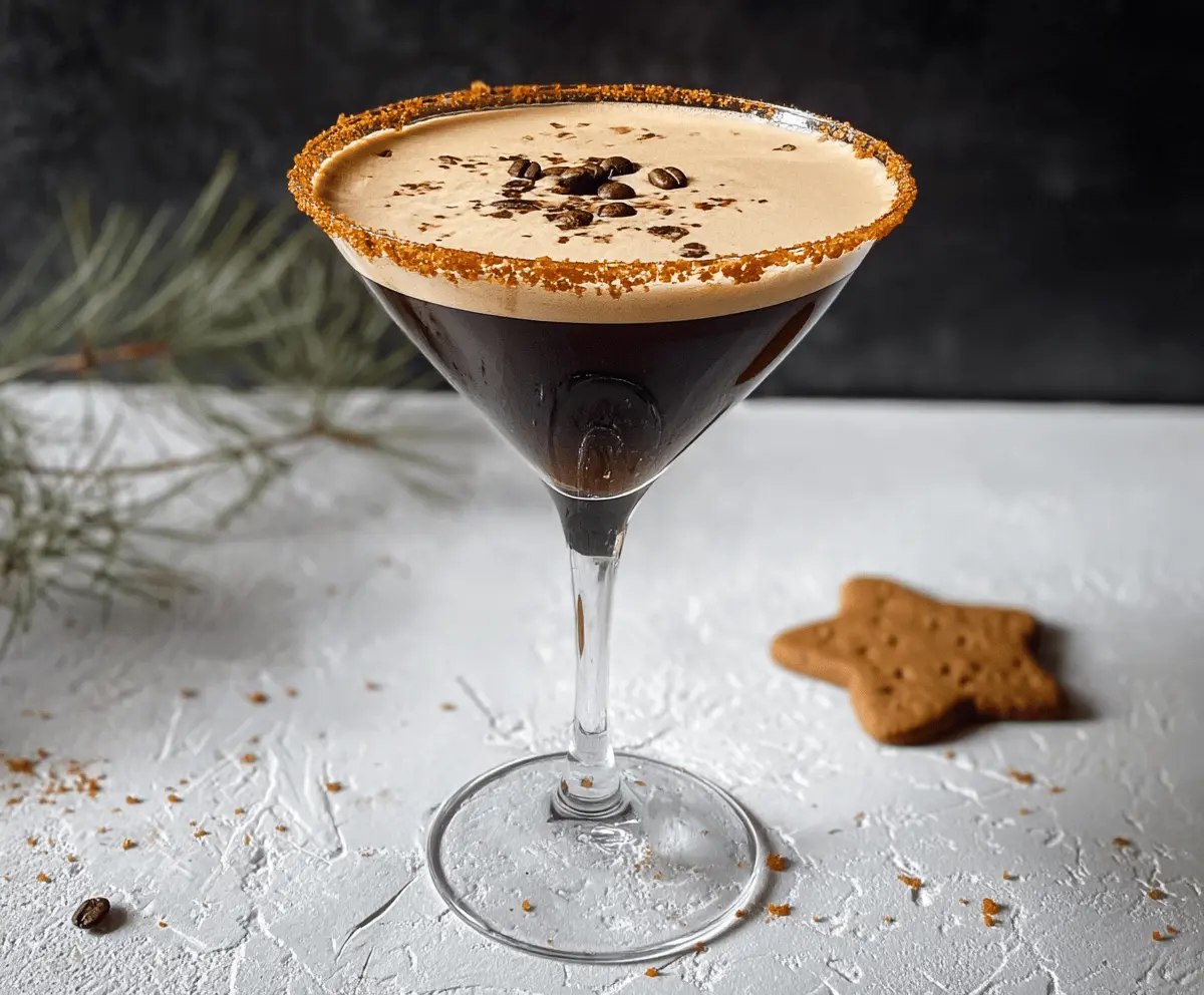 Delicious Gingerbread Espresso Martini in a glass garnished with gingerbread spices and a cinnamon stick.