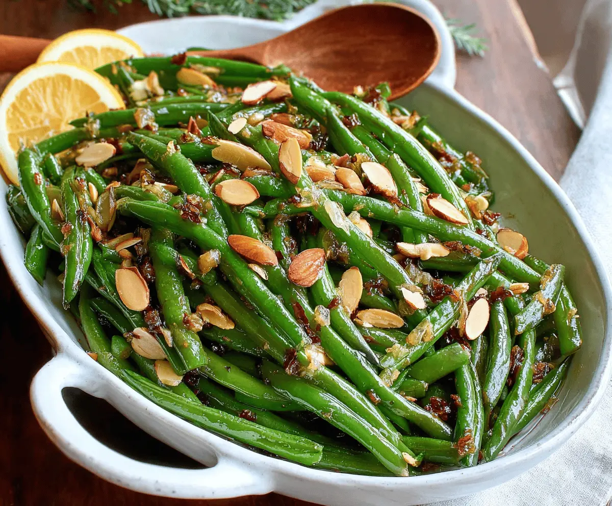 Fresh green beans almondine garnished with toasted almonds on a white plate