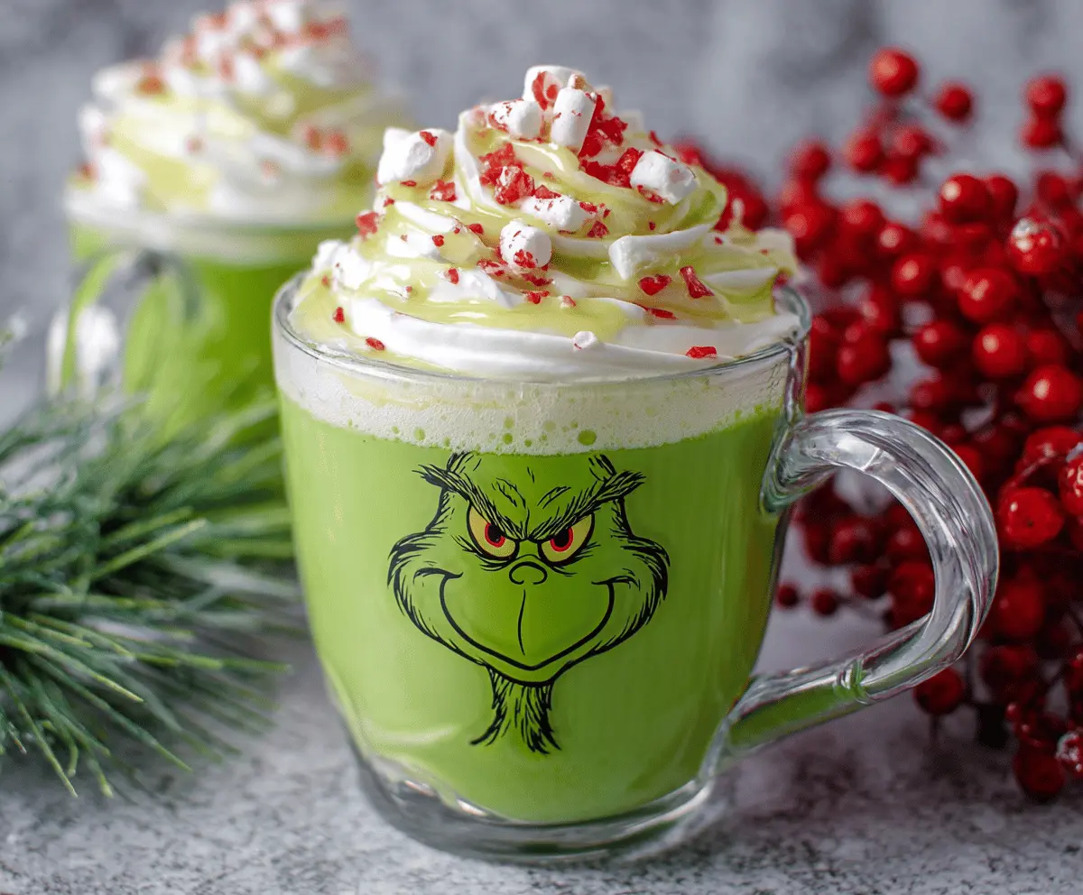 Festive Grinch Hot Chocolate with green whipped cream and holiday sprinkles in a mug
