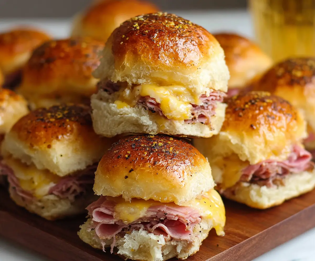 Delicious ham and cheese sliders on a baking tray, perfect for snacks and parties