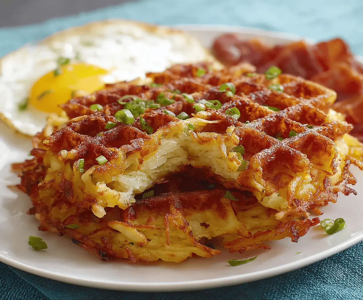 Crispy hash brown waffles served with fresh herbs and a side of dipping sauce.