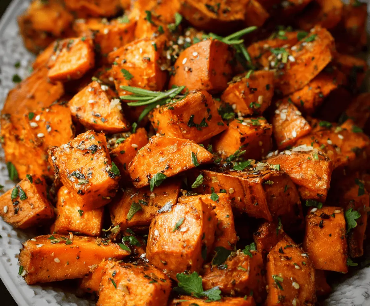 Delicious herb roasted sweet potatoes on a rustic plate, garnished with fresh herbs.