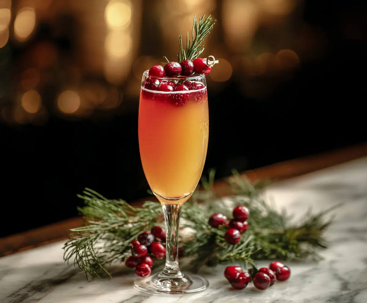 Festive Holly Jolly Mimosa cocktail with orange slices and holiday garnishes in a elegant glass.