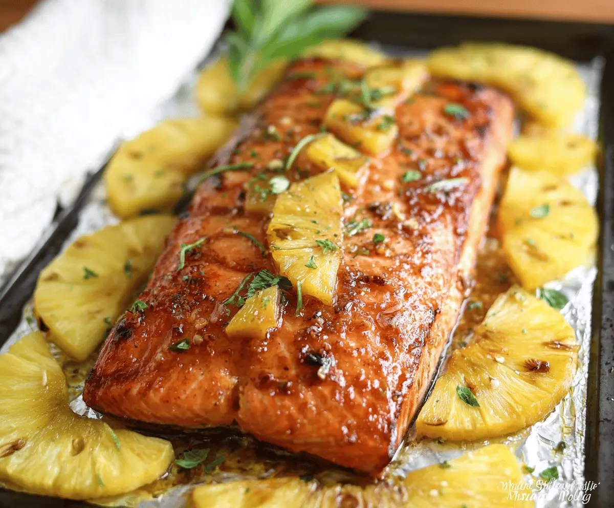 Delicious honey glazed pineapple salmon served on a white plate with fresh herbs.