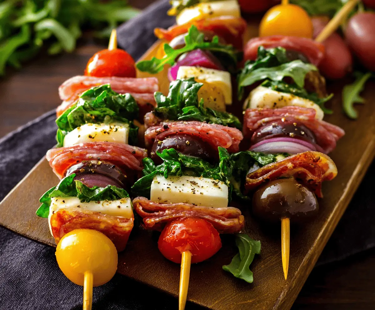 Colorful Italian antipasto skewers with fresh vegetables, cheese, and cured meats on wooden sticks.