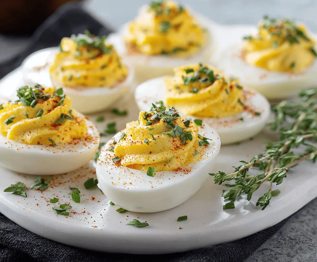 Keto deviled eggs with creamy filling served on a white plate for a low-carb appetizer