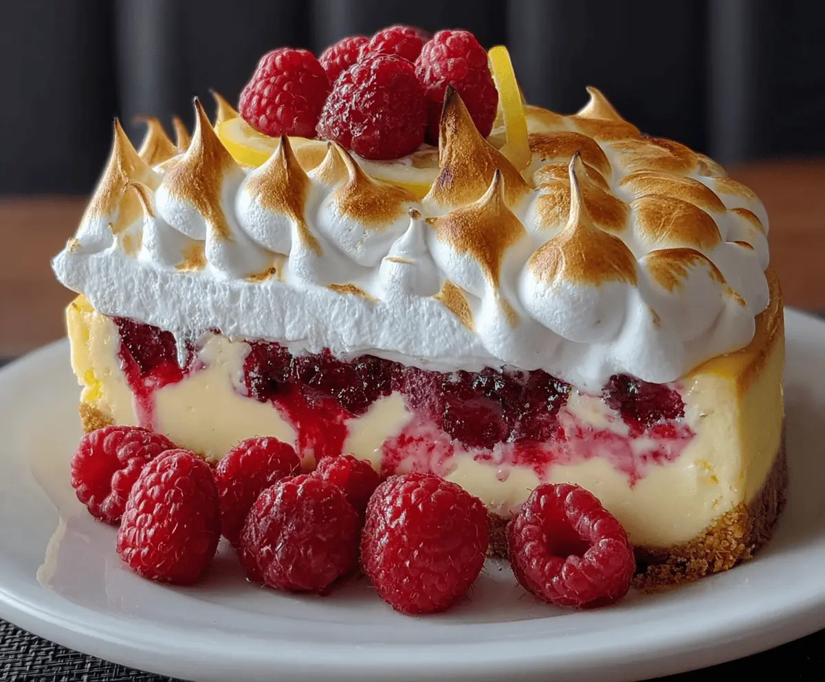 Delicious Lemon Raspberry Meringue Cheesecake with a golden crust and colorful berry topping.