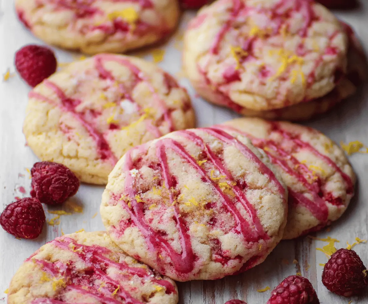 Fresh Lemonade Raspberry Cookies on a plate with vibrant red raspberries and lemon slices