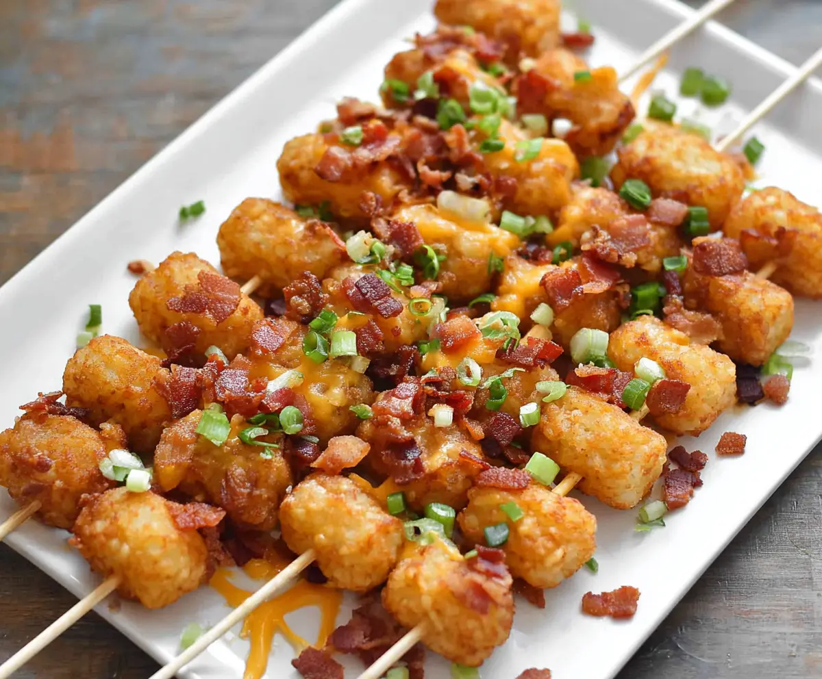 Delicious loaded tater tot skewers topped with cheese, bacon, and green onions, perfect for a savory snack or appetizer.