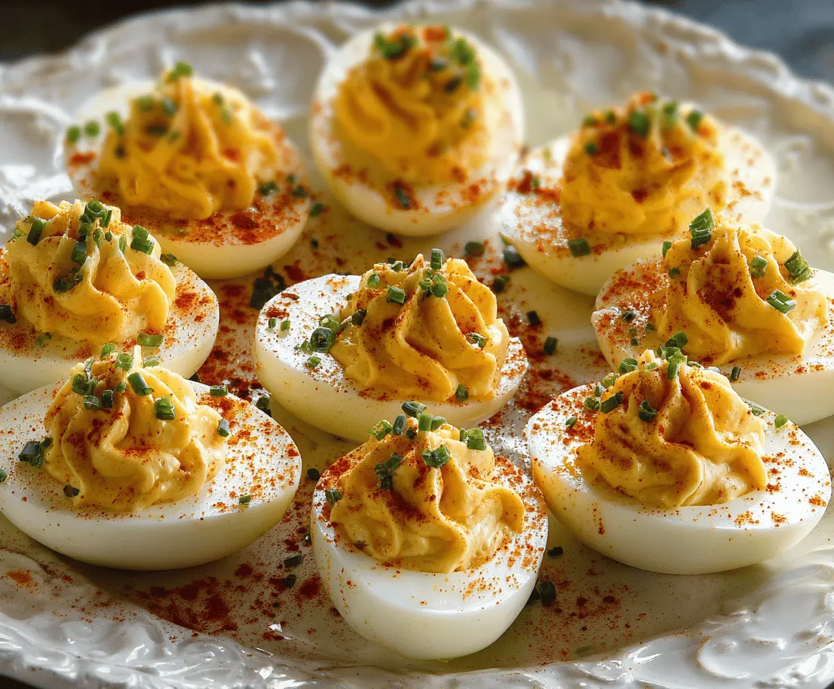 Creamy Million Dollar Deviled Eggs garnished with paprika and chives on a white plate.