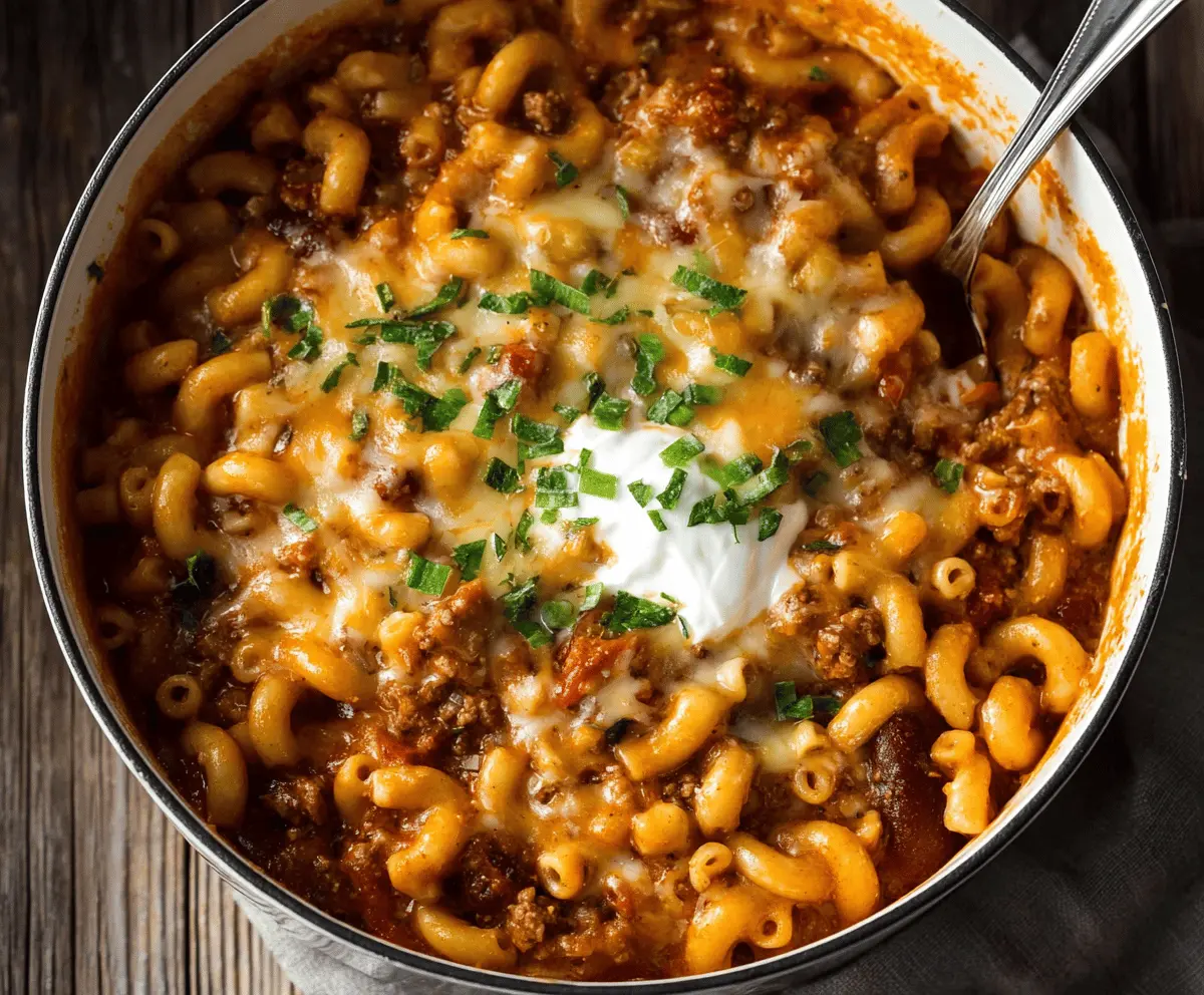 Delicious One Pot Chili Mac and Cheese in a bowl, showcasing creamy cheese, spicy chili, and pasta for a hearty meal