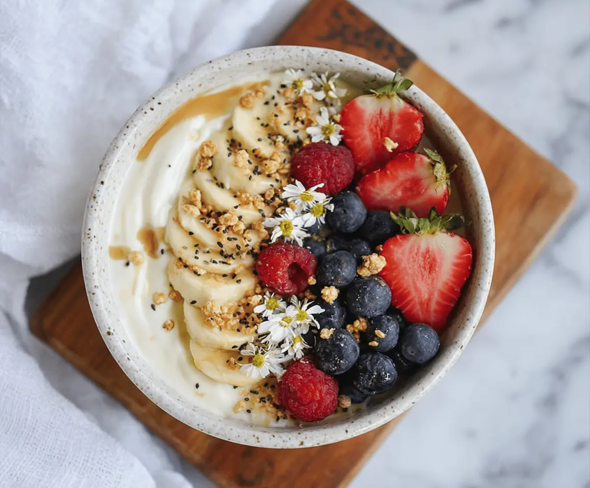 Healthy protein yogurt bowl topped with fresh fruits and nuts for a nutritious breakfast.