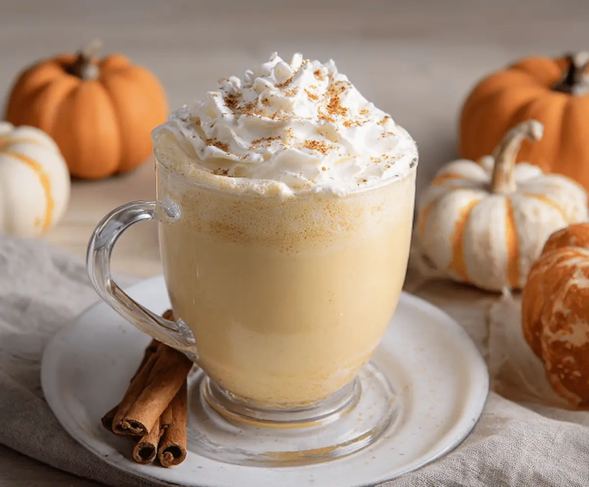 Creamy pumpkin white hot chocolate garnished with whipped cream and cinnamon in a cozy mug.