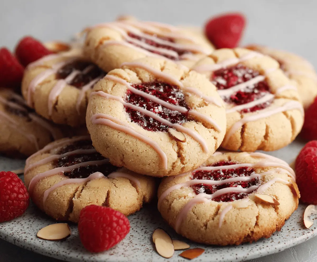 Delicious Raspberry Almond Butter Cookies on a plate, showcasing a golden-brown crust and raspberry filling.