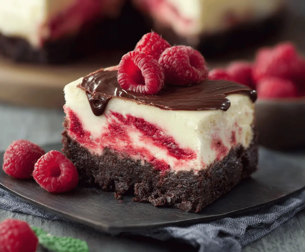 Raspberry Brownie Cheesecake with fresh raspberries on top and a rich, chocolatey base.