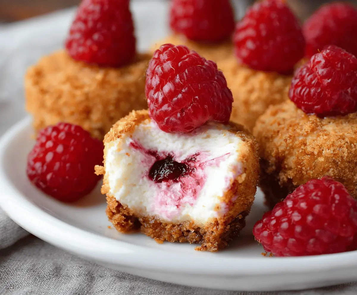 Delicious Raspberry Cheesecake Bites garnished with fresh raspberries on a white plate.