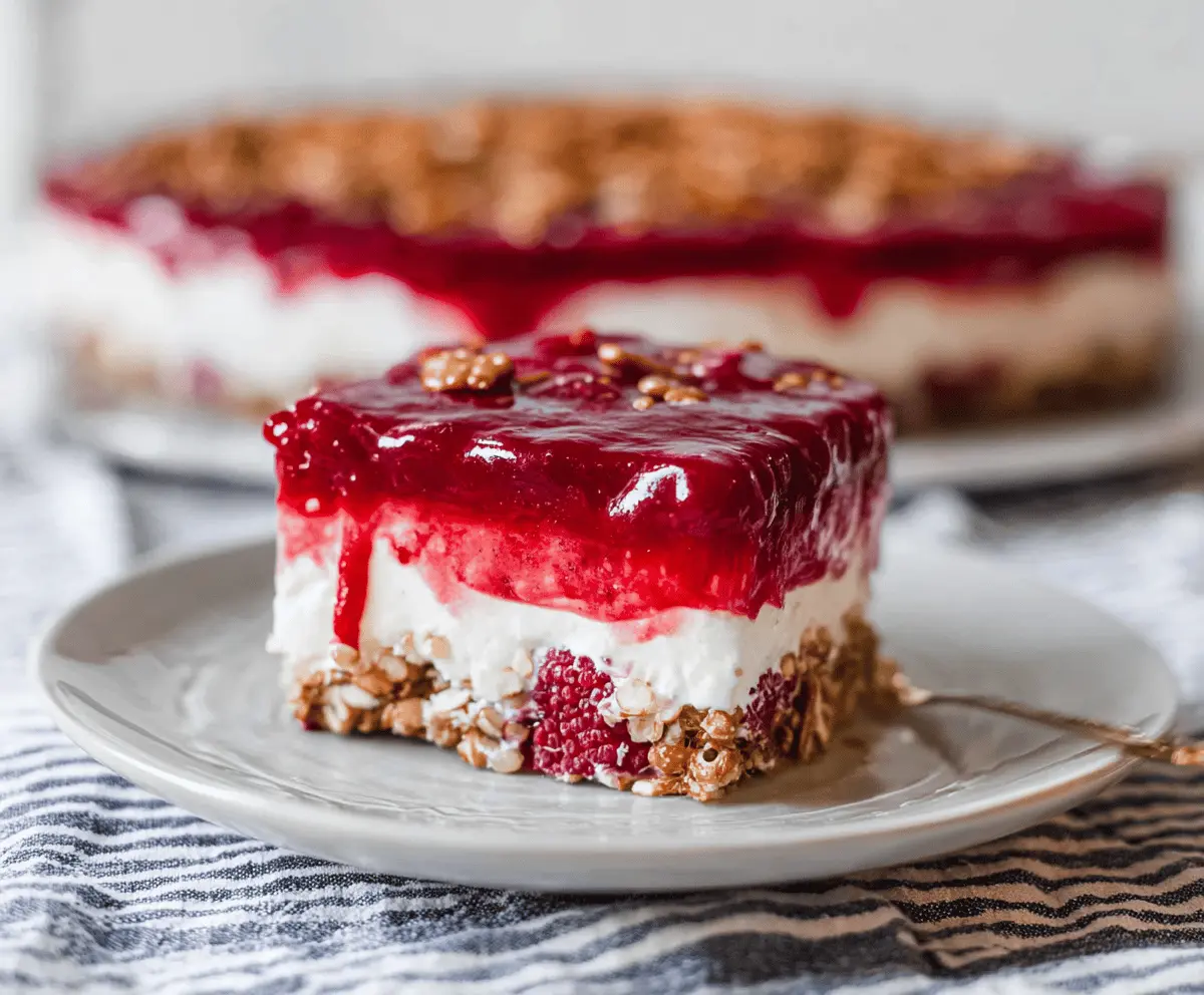 Delicious Raspberry Pretzel Salad Cake with a vibrant berry topping and crunchy pretzel crust.