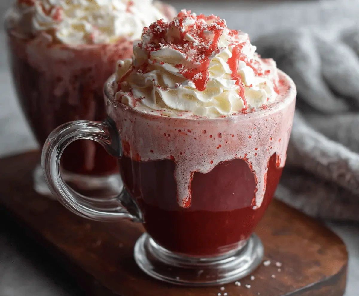 Creamy red velvet hot chocolate topped with whipped cream and red sprinkles in a cozy mug.