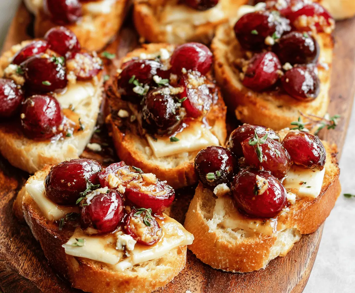 Delicious roasted grape and Brie crostini served on a rustic wooden platter.