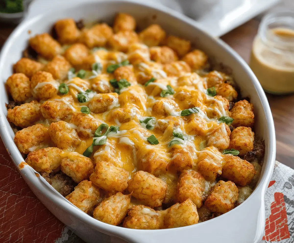 Delicious sausage gravy breakfast casserole with crispy tater tots and melted cheese