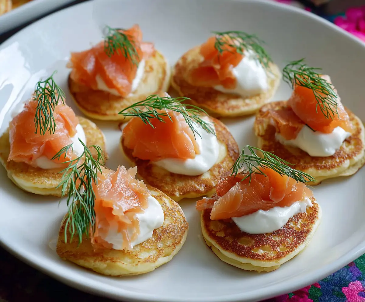 Delicious smoked salmon blini bites garnished with fresh herbs on a white plate.