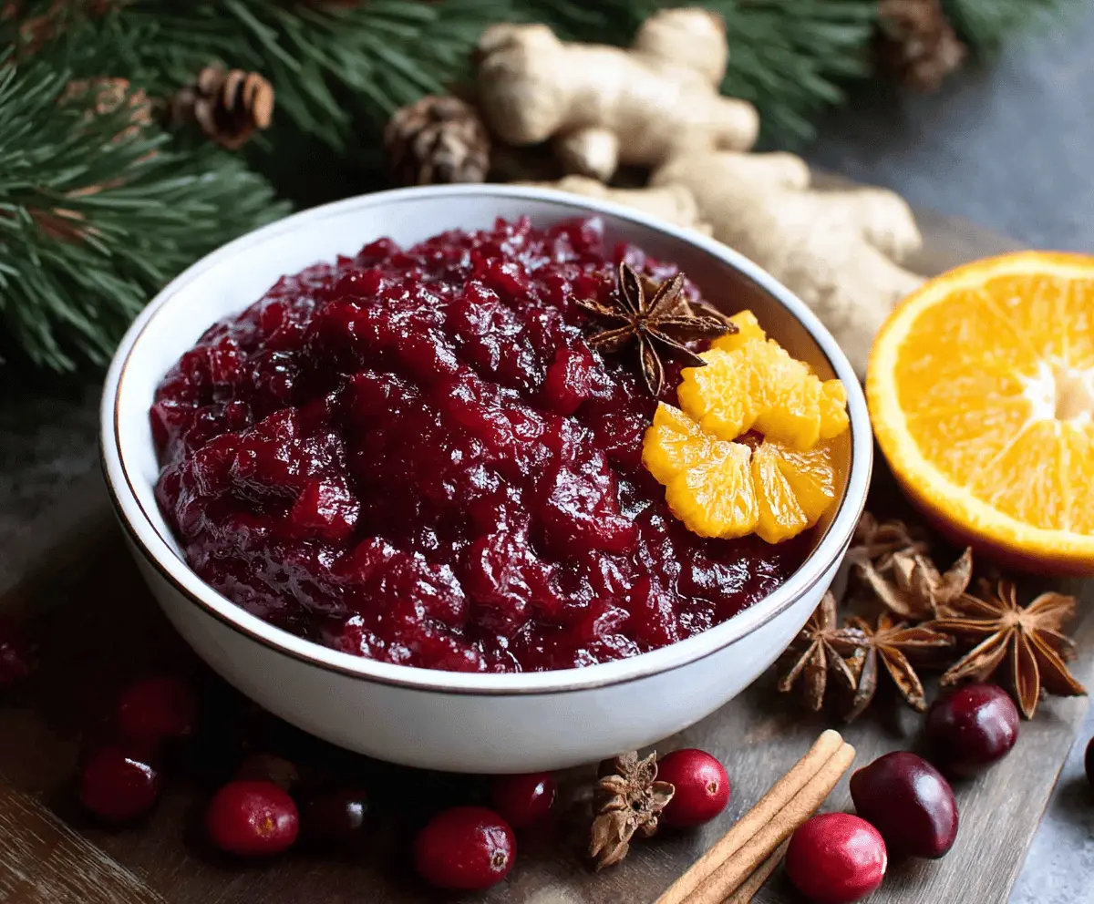 Delicious spiced cranberry sauce with orange and ginger for festive holidays