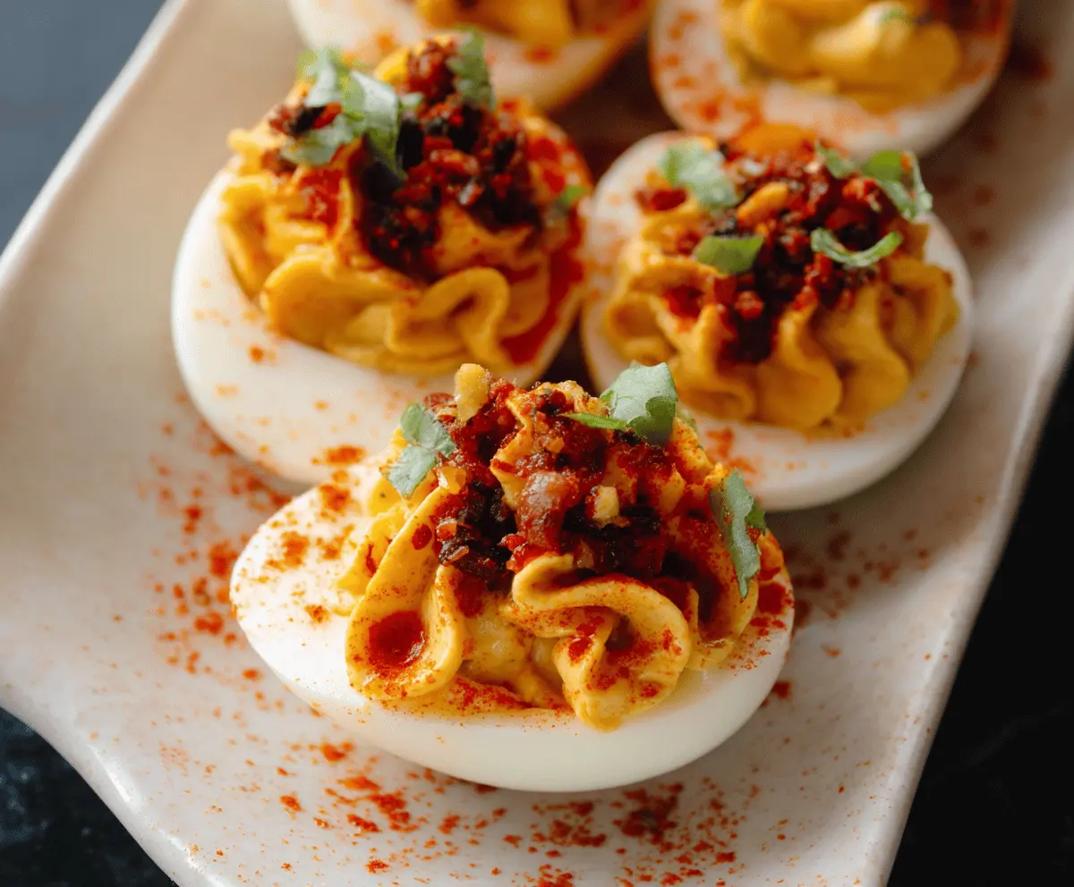 Delicious Spicy Chili Garlic Deviled Eggs garnished with fresh herbs on a white plate.