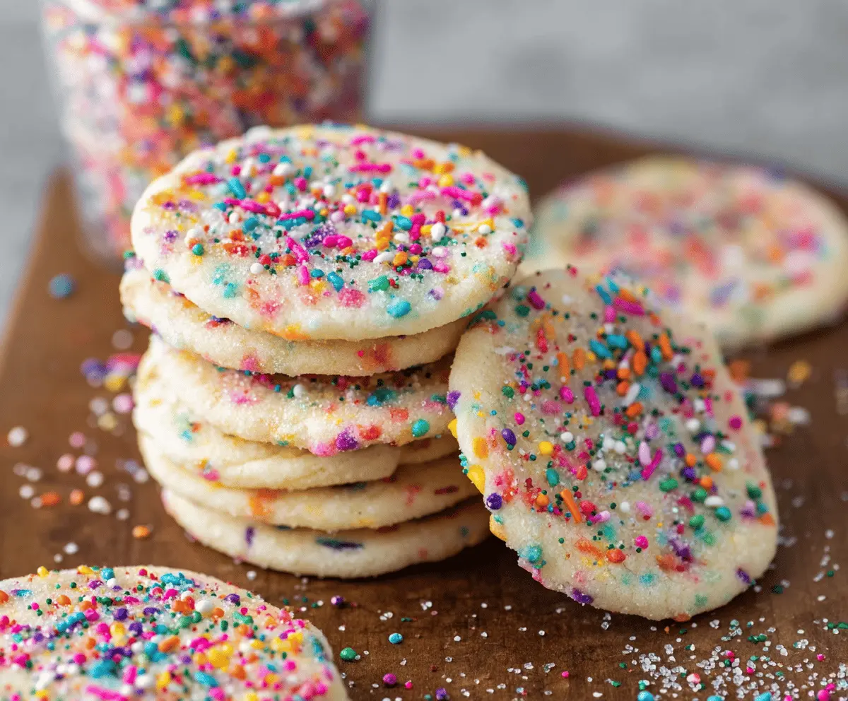 Delicious sprinkle sugar cookies topped with colorful sprinkles on a baking tray.