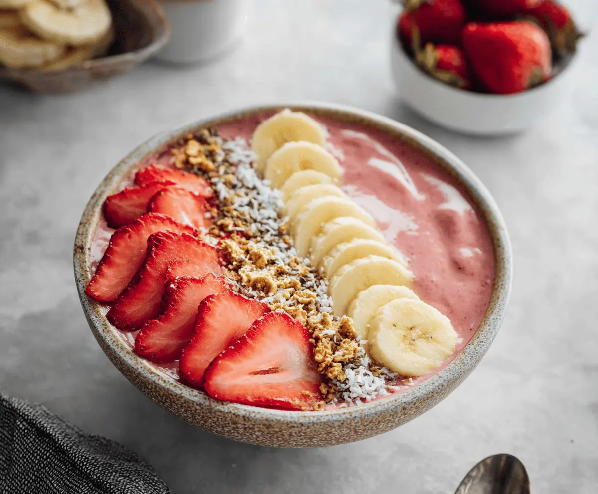Healthy strawberry banana smoothie bowl topped with fresh fruit and granola
