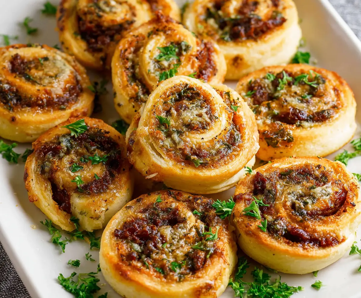 Delicious sun-dried tomato pesto pinwheels on a wooden board, ready to serve as an appetizer or snack.