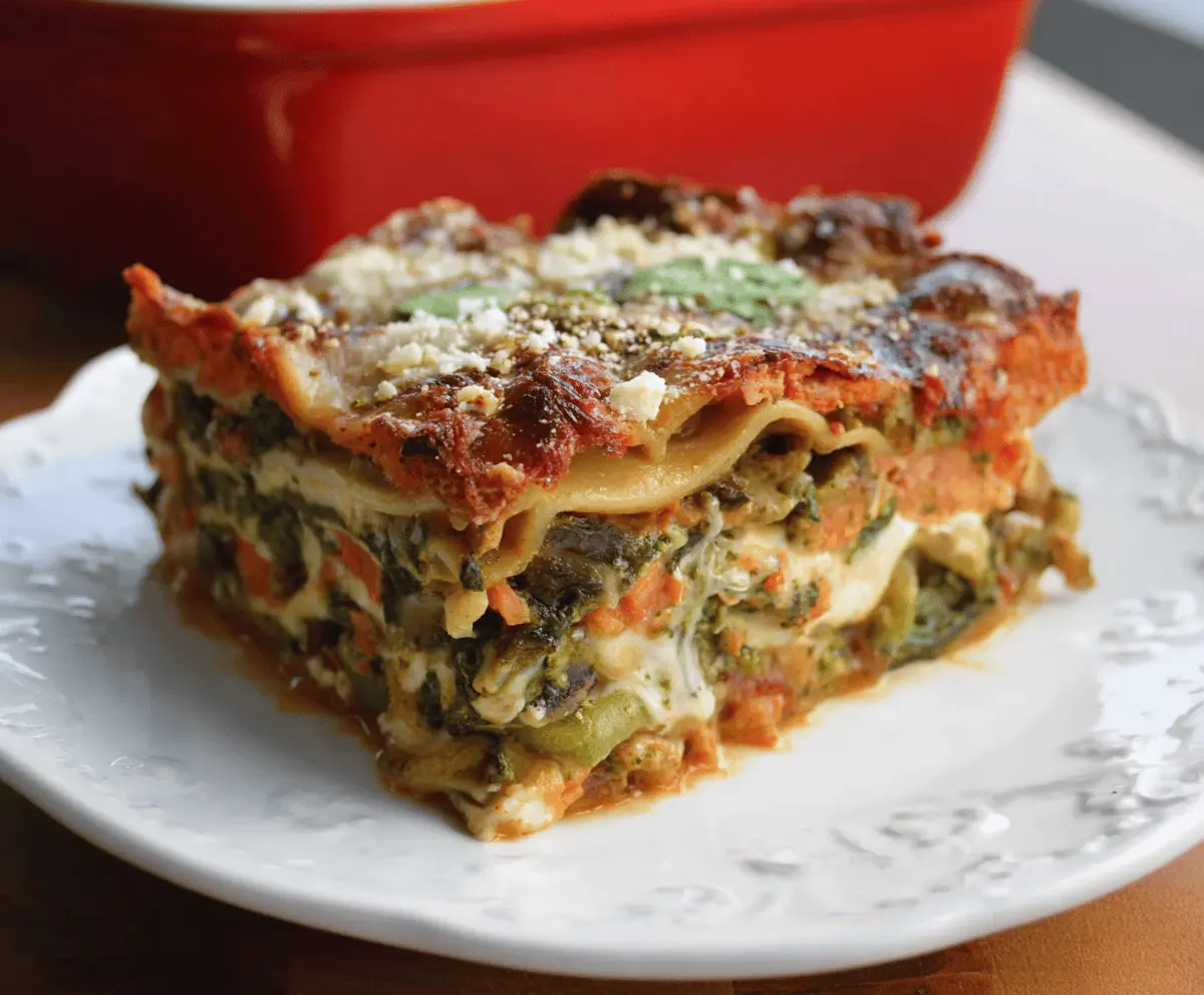 Delicious Sweet Potato Spinach Lasagna served on a plate, showcasing layers of vibrant vegetables and creamy cheese.