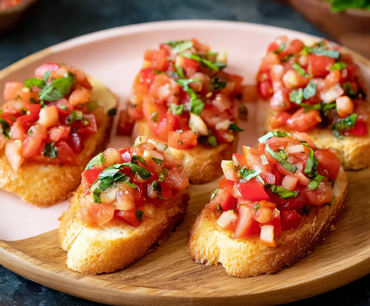 Delicious Tomato Basil Bruschetta on toasted baguette slices garnished with fresh basil