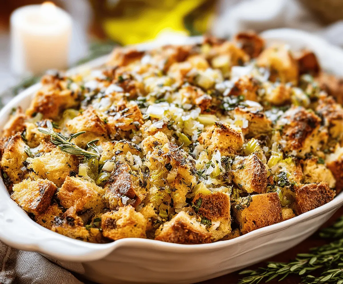 Delicious traditional Thanksgiving stuffing made with bread cubes, herbs, and spices for a classic holiday side dish.