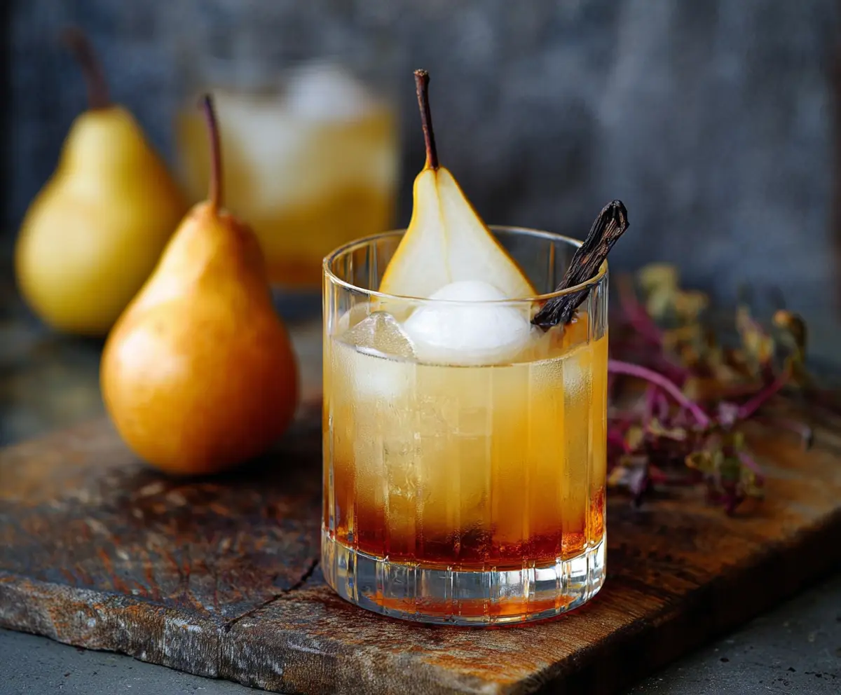 Refreshing Vanilla Pear Bourbon Cocktail in a elegant glass garnished with a pear slice.