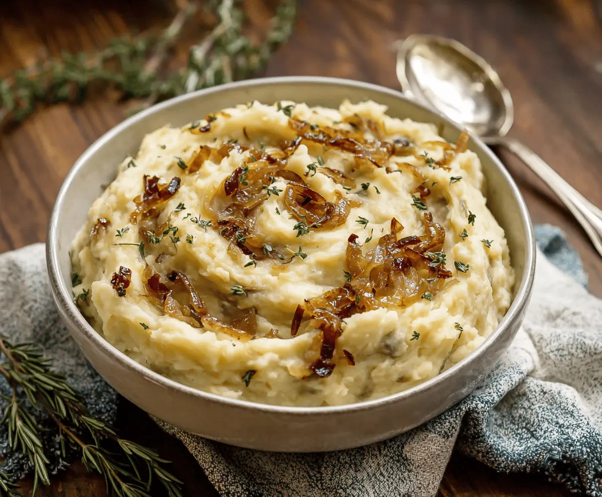 Savory vegan caramelized onion mashed potatoes served in a rustic bowl, highlighting their creamy texture and caramelized onion topping.