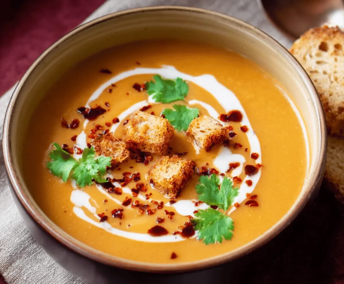 Creamy vegan sweet potato soup served in a bowl, garnished with herbs and spices.