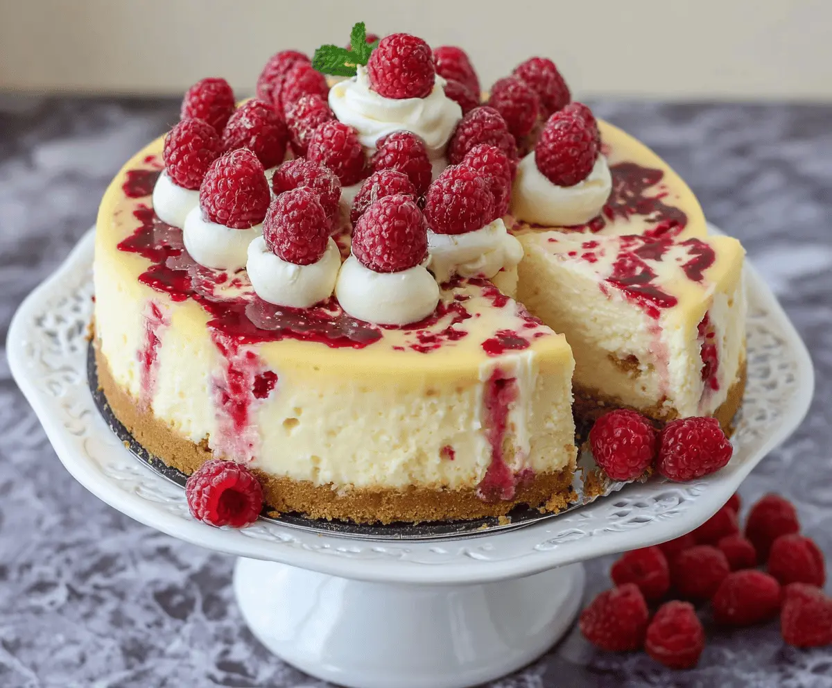 Delicious White Chocolate Raspberry Cheesecake with a creamy topping and fresh raspberry garnish.