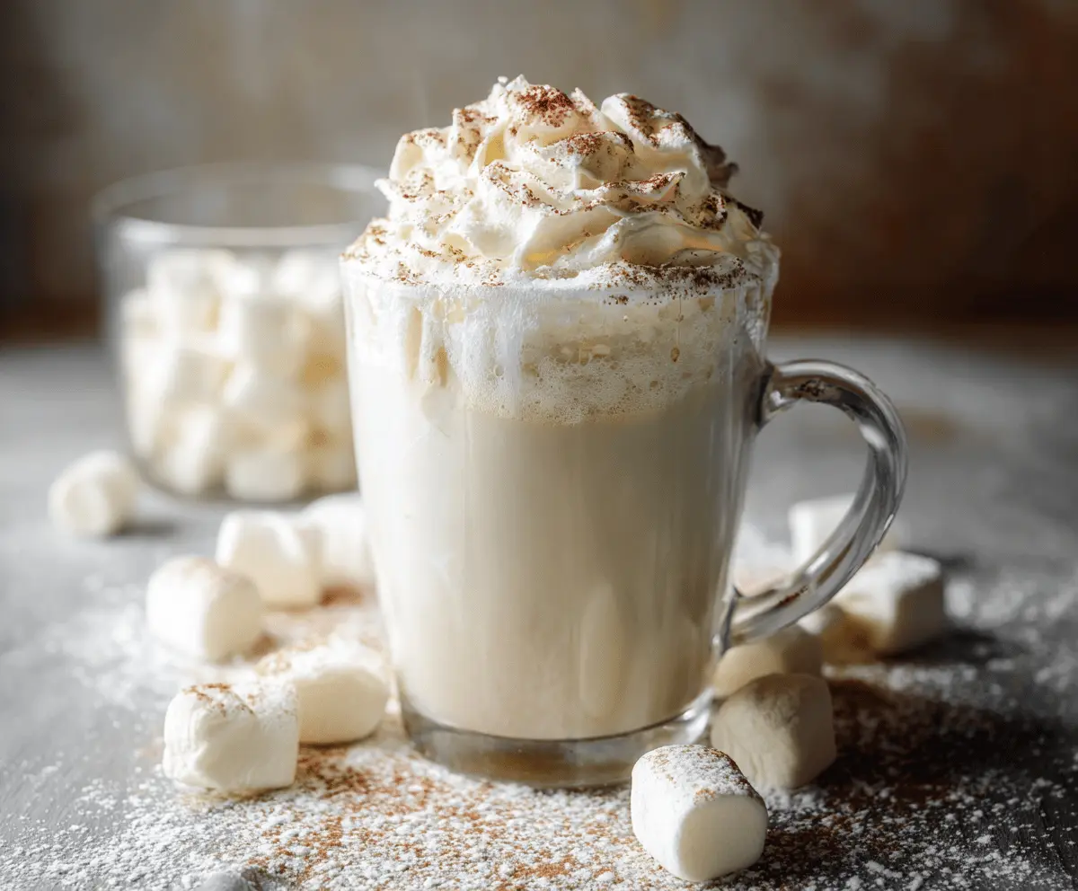 Creamy white hot chocolate topped with whipped cream and chocolate shavings in a cozy mug.