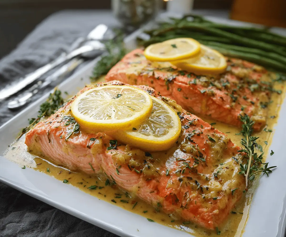 Delicious Zesty Lemon Dijon Salmon featuring a perfectly cooked fillet garnished with fresh lemon slices.